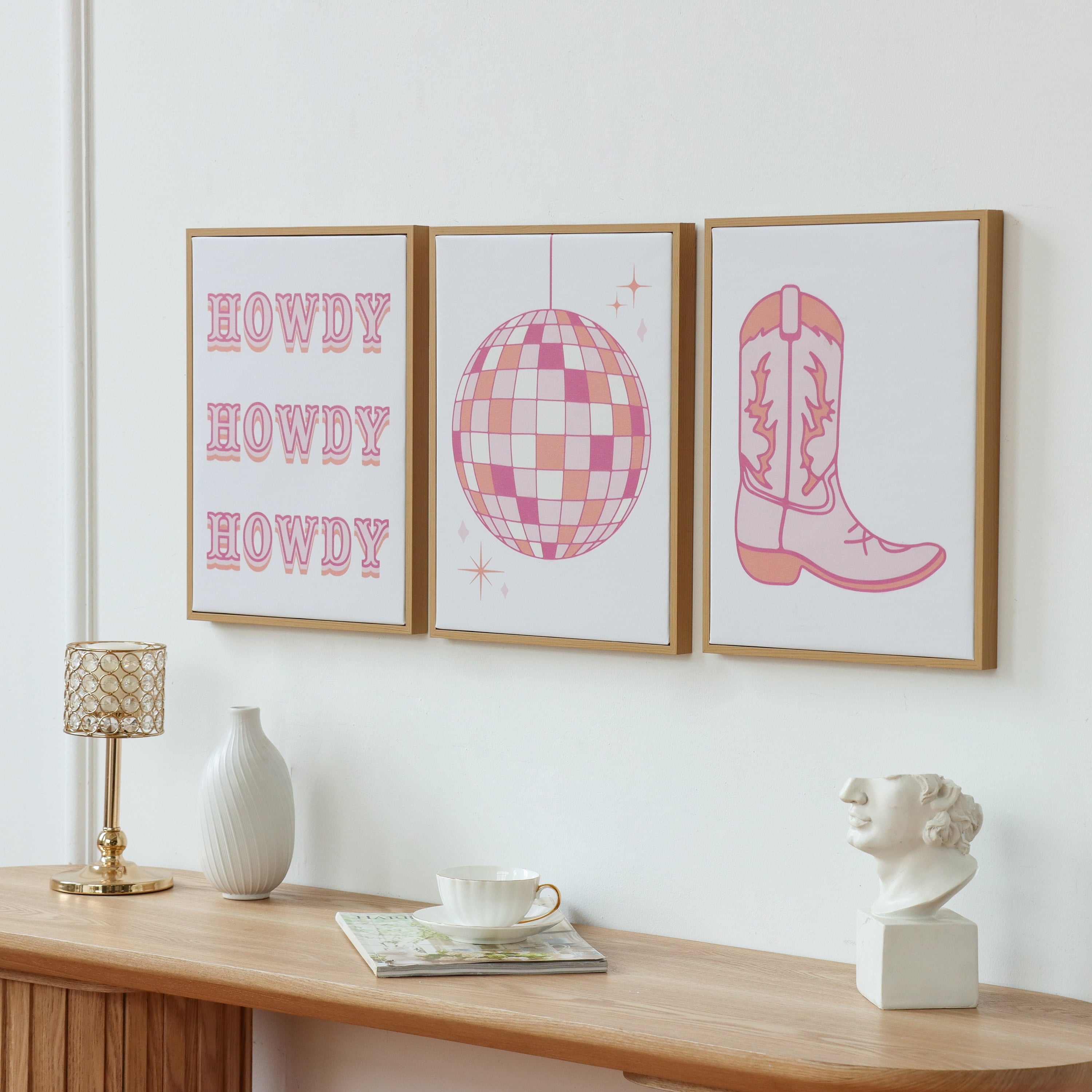 Vinmora™ 3 Pc Set Pink Western Theme Wall Art - Premium Bedding & Home by Vinmora™