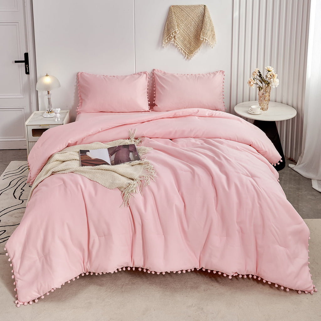Vinmora™ RYNGHIPY Pink Full Size Comforter Set Pom Fringe - Premium Comforter Set by Vinmora™