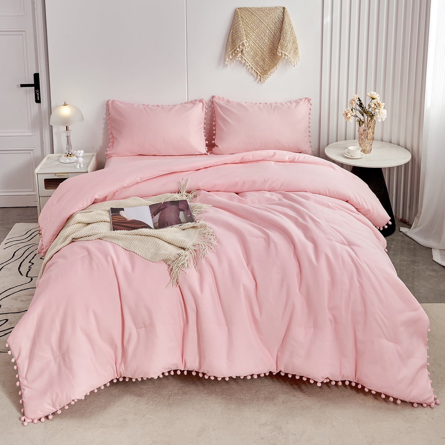 Vinmora™ RYNGHIPY Pink Full Size Comforter Set Pom Fringe - Premium Comforter Set by Vinmora™