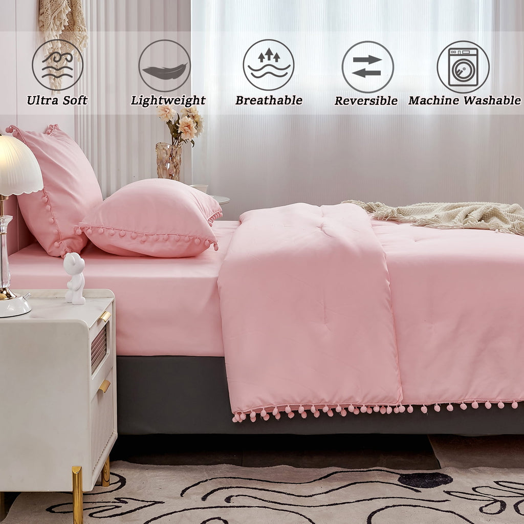 Vinmora™ RYNGHIPY Pink Full Size Comforter Set Pom Fringe - Premium Comforter Set by Vinmora™