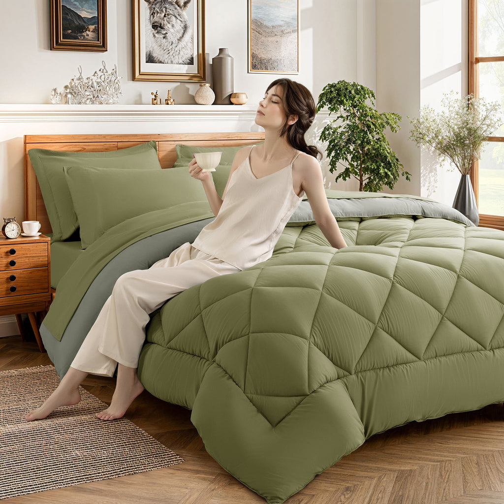 Vinmora™ Sonoro Kate Queen Comforter Set Sage Green, Bed - Premium Comforter Set by Vinmora™