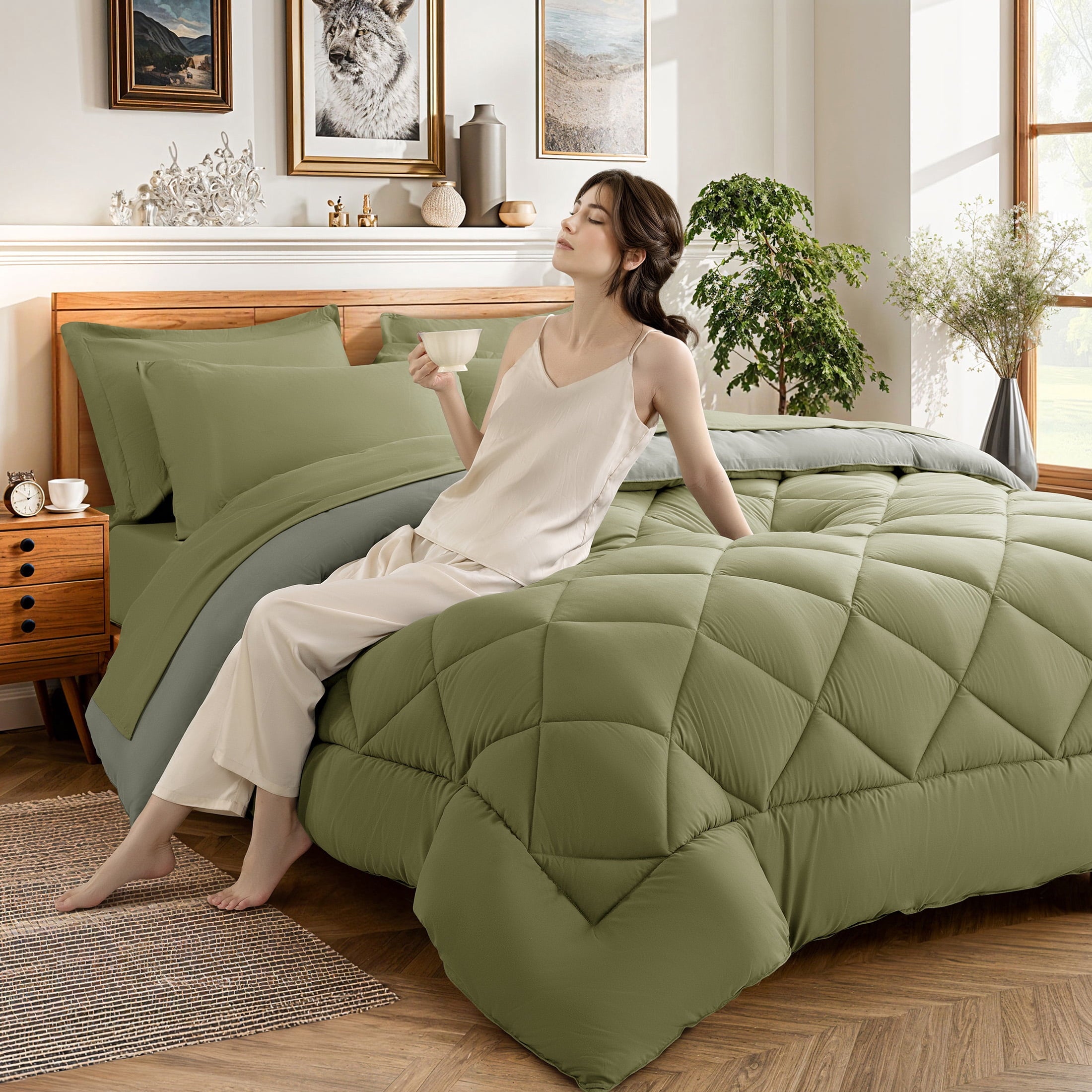 Vinmora™ Sonoro Kate Queen Comforter Set Sage Green, Bed - Premium Comforter Set by Vinmora™
