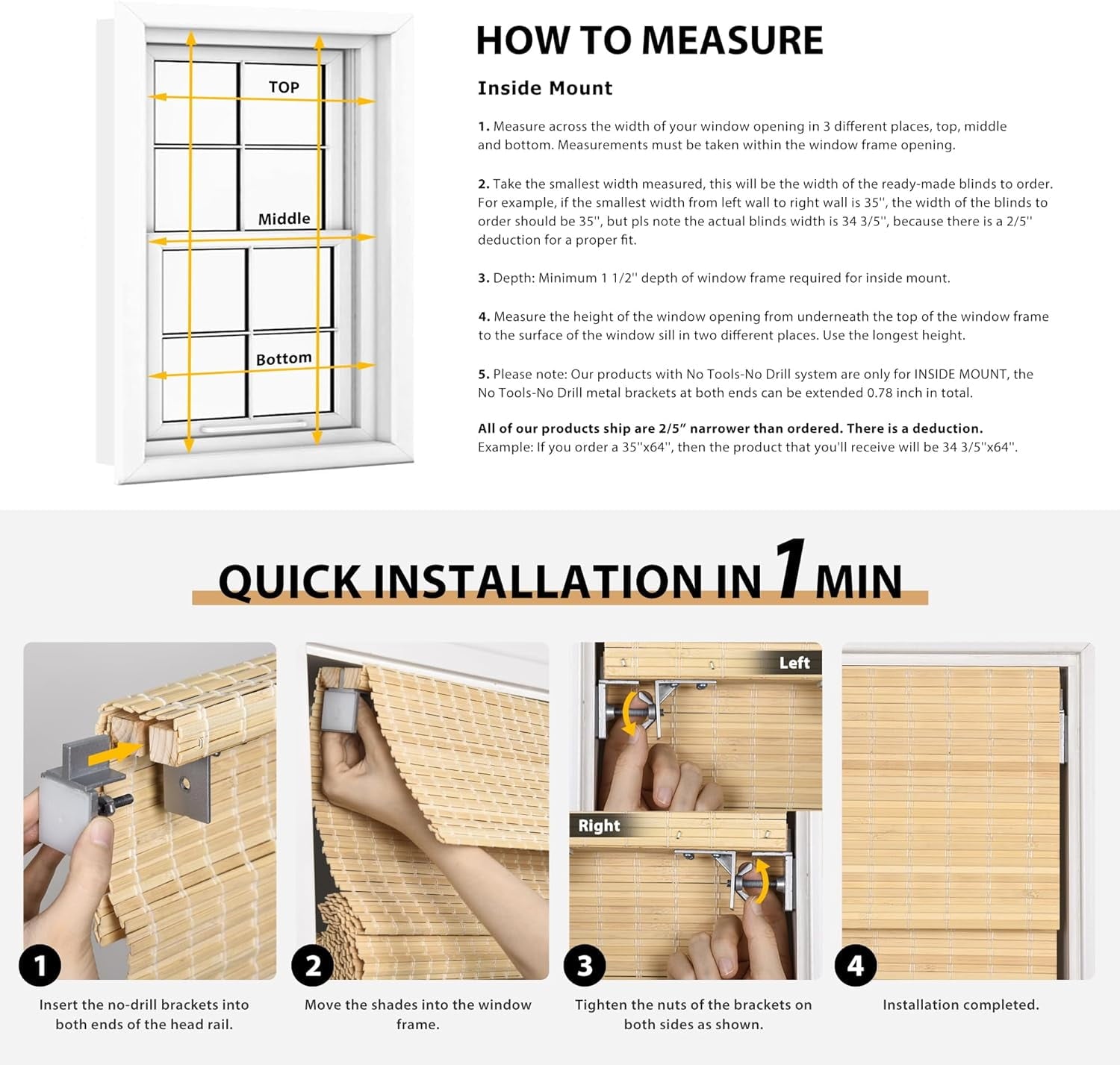 Vinmora™ LazBlinds No Tools No Drill Cordless Bamboo Roman - Premium Bedding & Home by Vinmora™