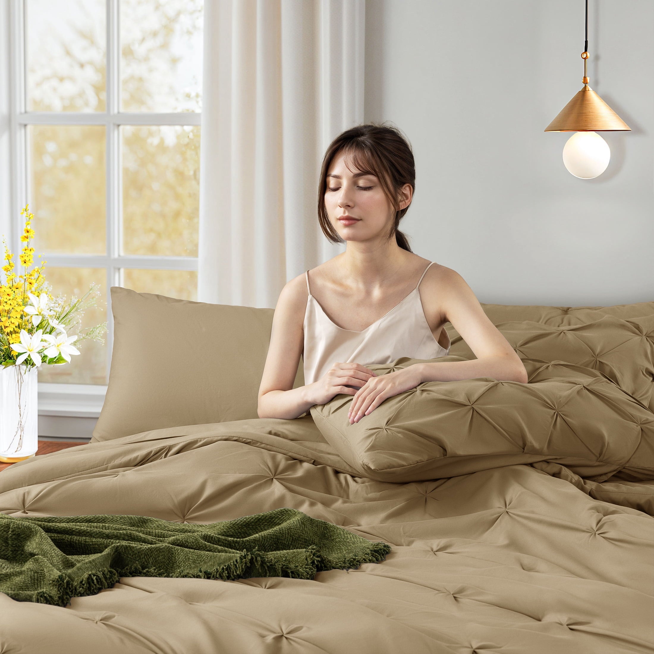 Vinmora™ Queen Comforter Set, 7 Pieces Beige Comforters, Pintuck - Premium Comforter Set by Vinmora™
