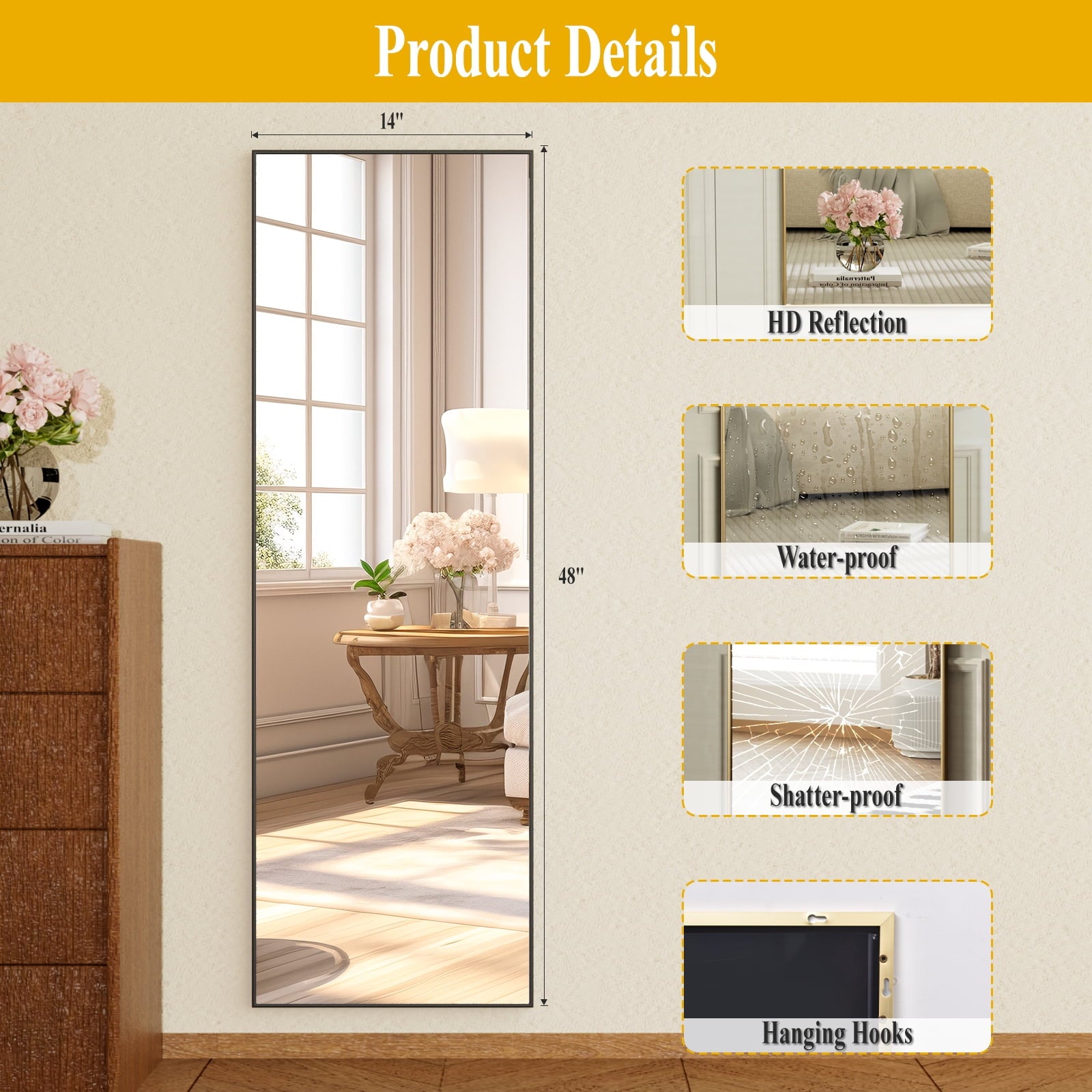 Vinmora™ BEAUTYPEAK 48"x 14" Full Length Door Mirror Hanging - Premium Bedding & Home by Vinmora™