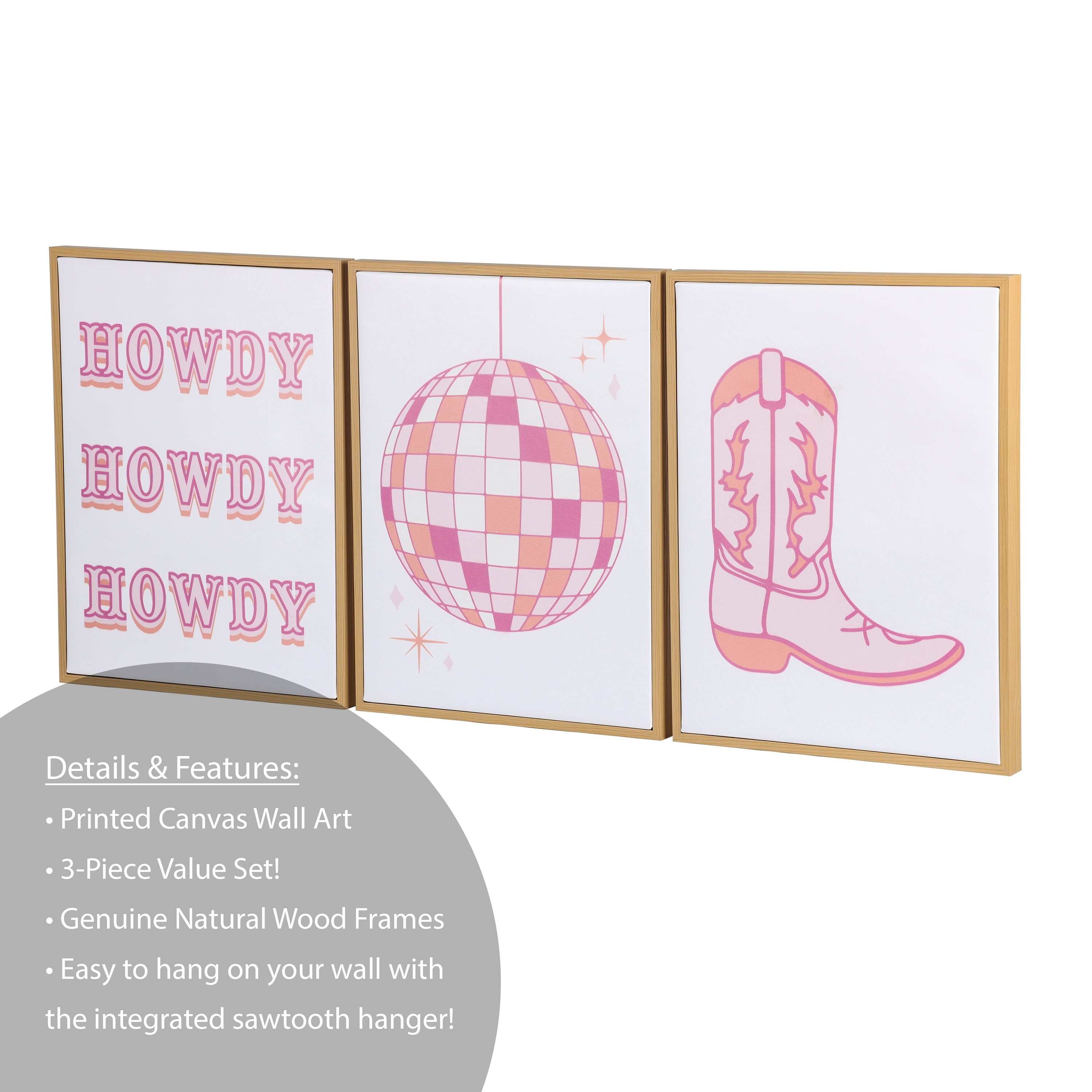 Vinmora™ 3 Pc Set Pink Western Theme Wall Art - Premium Bedding & Home by Vinmora™