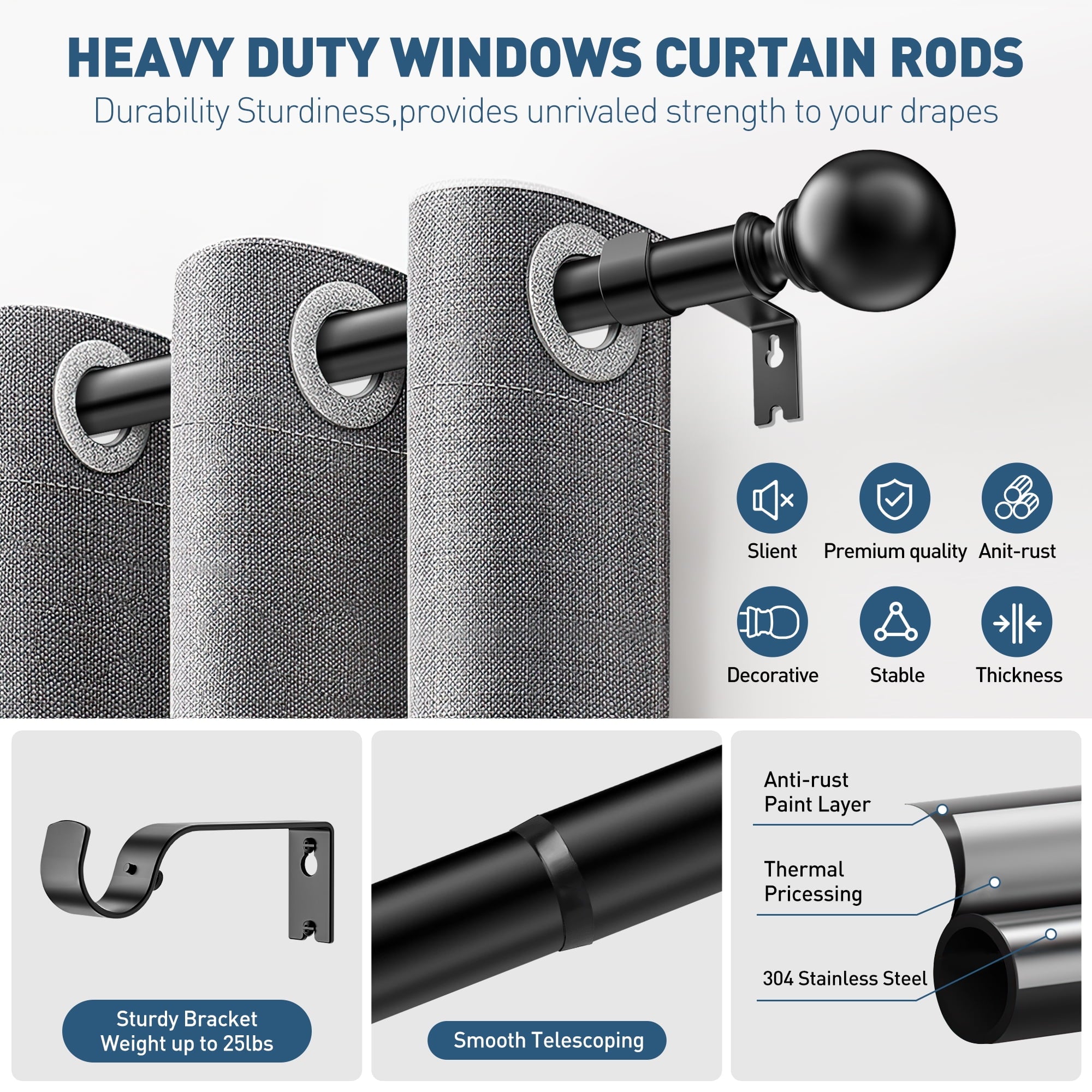 Vinmora™ Single Curtain Rods for Windows 32 to 120 - Premium Curtain & Window Hardware by Vinmora™