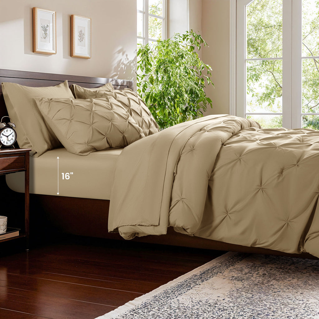 Vinmora™ Queen Comforter Set, 7 Pieces Beige Comforters, Pintuck - Premium Comforter Set by Vinmora™