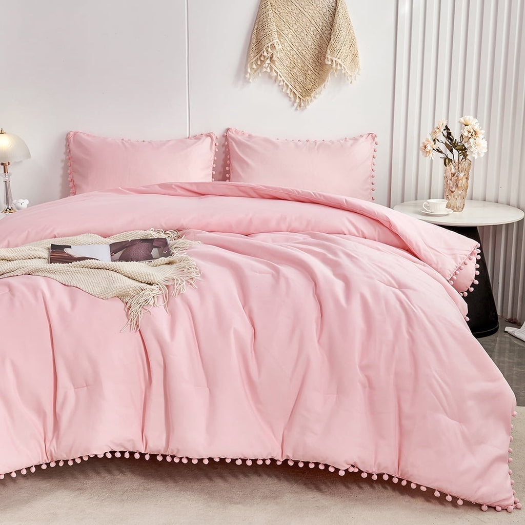 Vinmora™ RYNGHIPY Pink Full Size Comforter Set Pom Fringe - Premium Comforter Set by Vinmora™