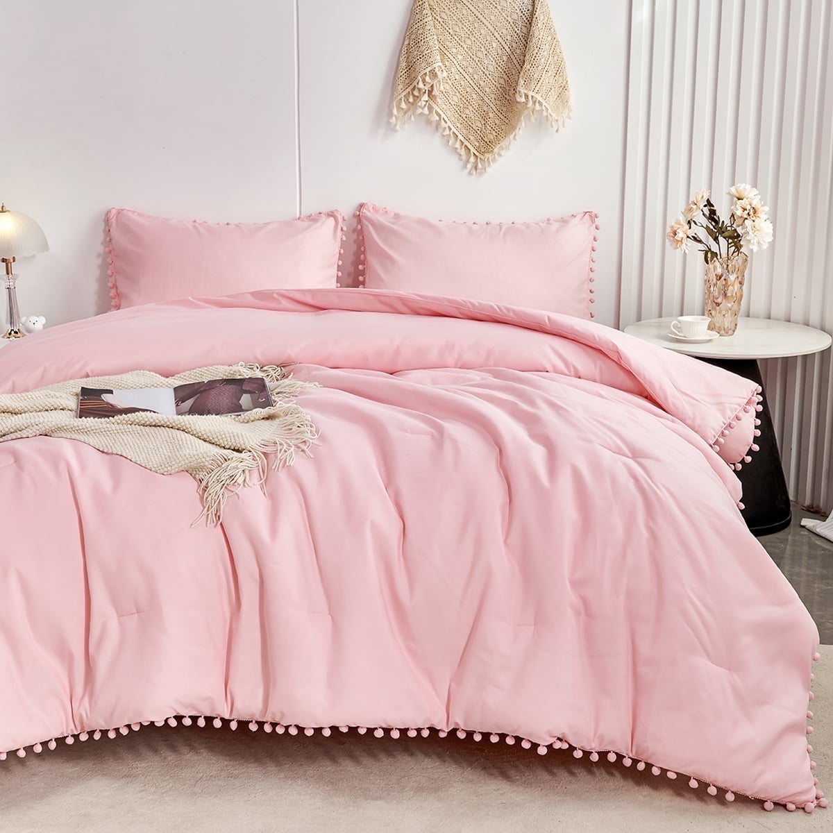 Vinmora™ RYNGHIPY Pink Full Size Comforter Set Pom Fringe - Premium Comforter Set by Vinmora™