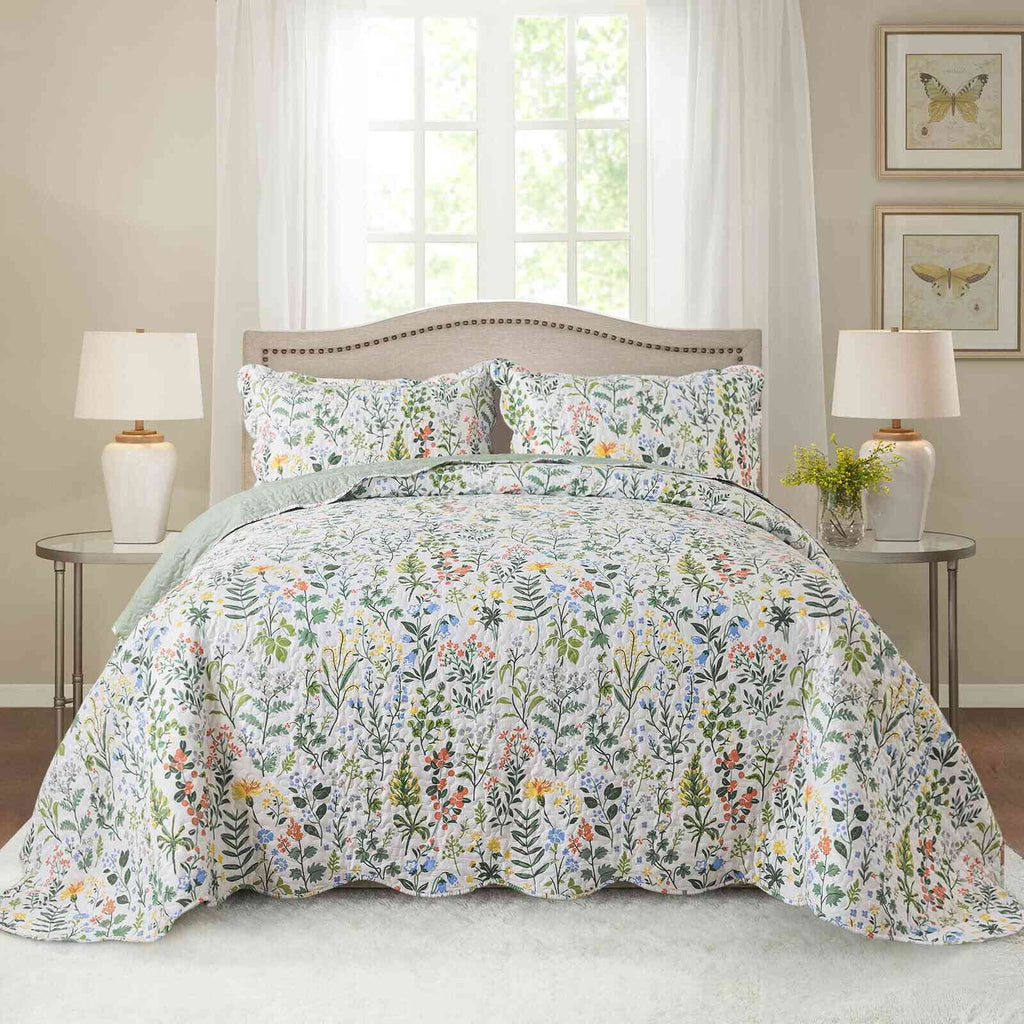 Vinmora™ WannaToo Quilt Collection Microfiber Floral Bedding Set Green - Premium Comforter Set by Vinmora™