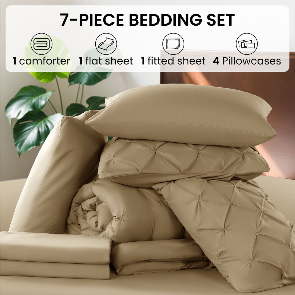 Vinmora™ Queen Comforter Set, 7 Pieces Beige Comforters, Pintuck - Premium Comforter Set by Vinmora™