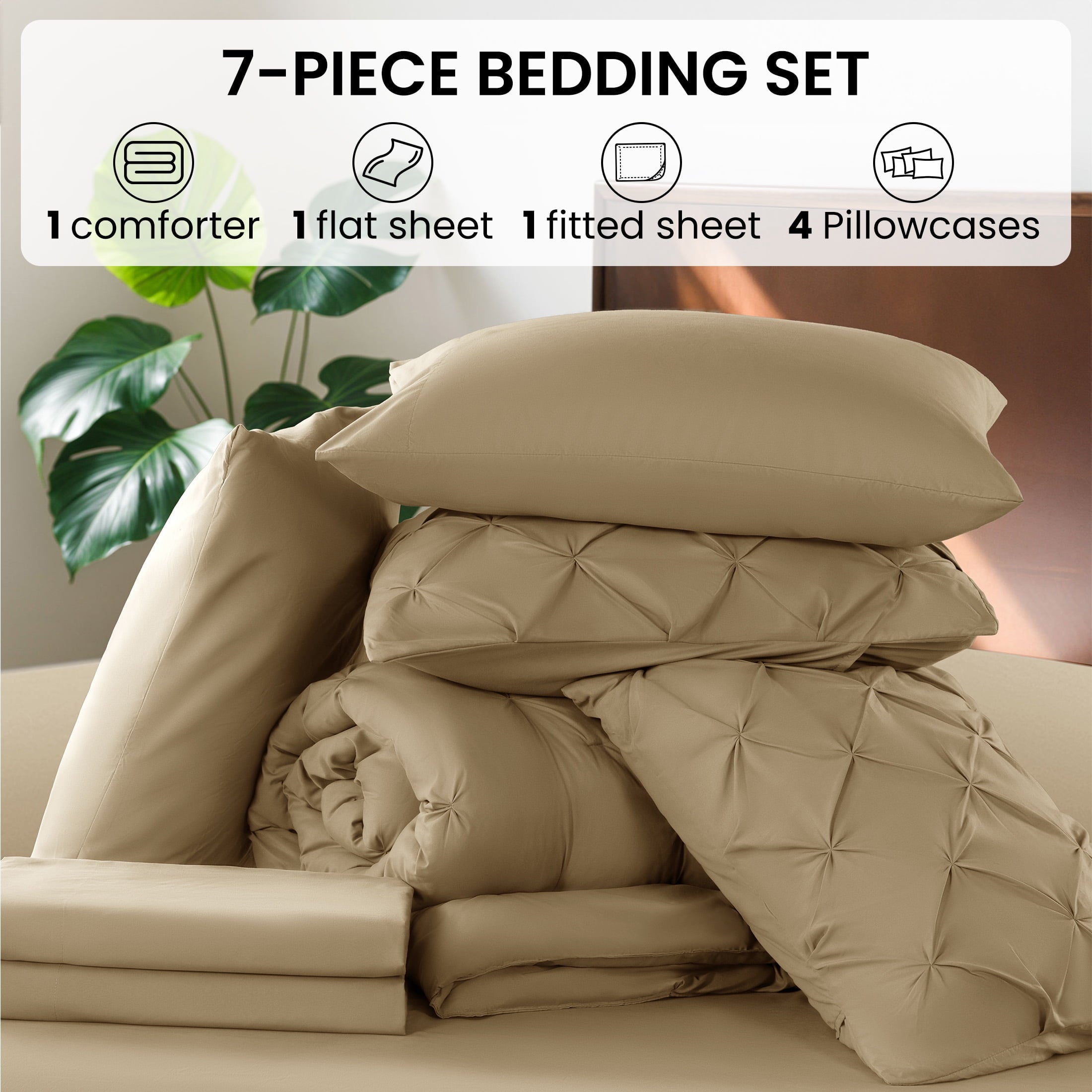 Vinmora™ Queen Comforter Set, 7 Pieces Beige Comforters, Pintuck - Premium Comforter Set by Vinmora™