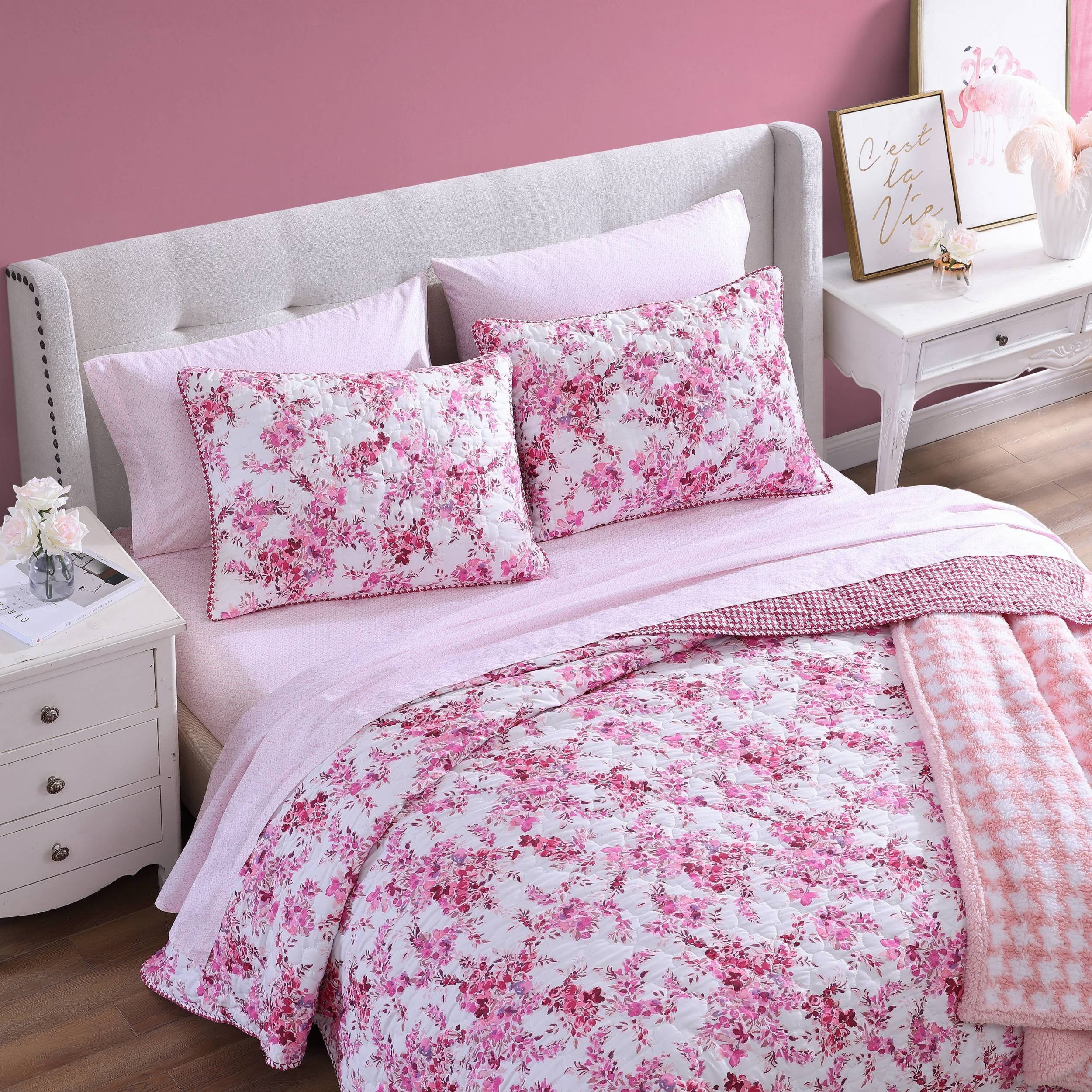 Vinmora™ Betsey Johnson Floral Vineyard Pink Reversible Full/Queen Quilt - Premium Comforter Set by Vinmora™