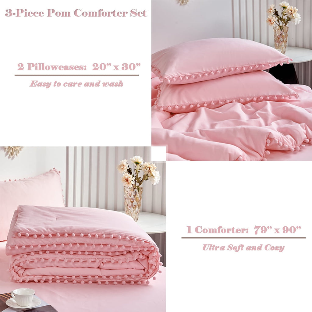 Vinmora™ RYNGHIPY Pink Full Size Comforter Set Pom Fringe - Premium Comforter Set by Vinmora™