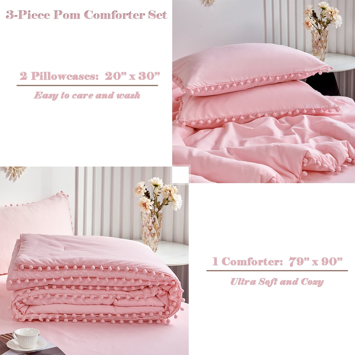 Vinmora™ RYNGHIPY Pink Full Size Comforter Set Pom Fringe - Premium Comforter Set by Vinmora™