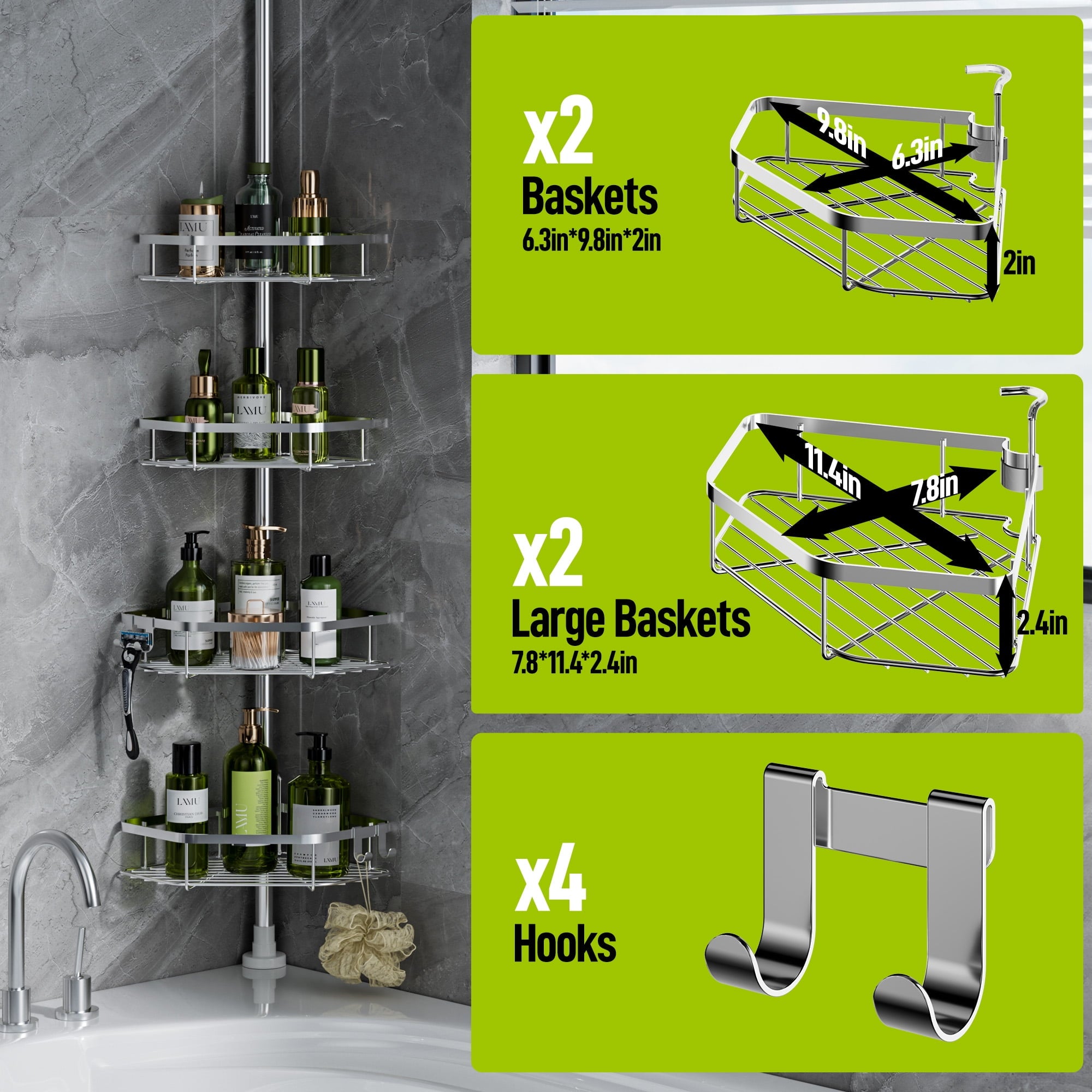 Vinmora™ LazySpin 4-Tier Corner Shower Caddy Tension Pole, Fits - Premium Bedding & Home by Vinmora™