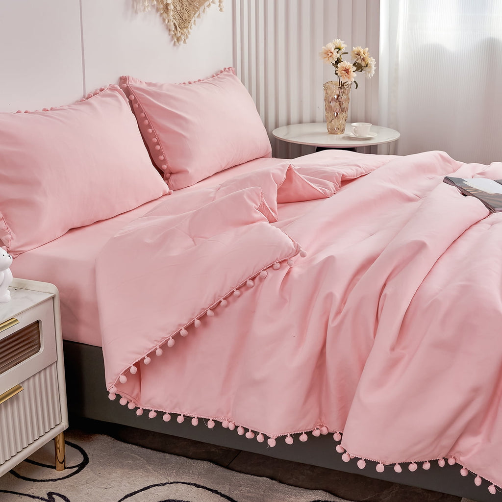 Vinmora™ RYNGHIPY Pink Full Size Comforter Set Pom Fringe - Premium Comforter Set by Vinmora™