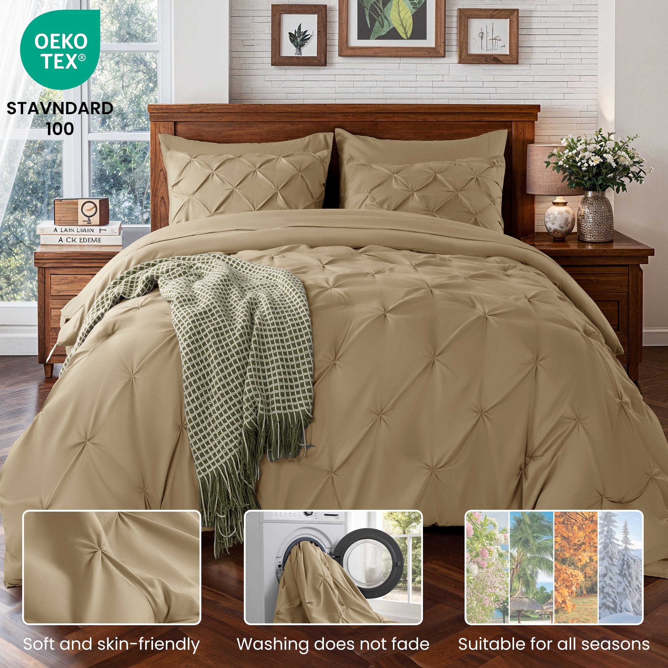 Vinmora™ Queen Comforter Set, 7 Pieces Beige Comforters, Pintuck - Premium Comforter Set by Vinmora™
