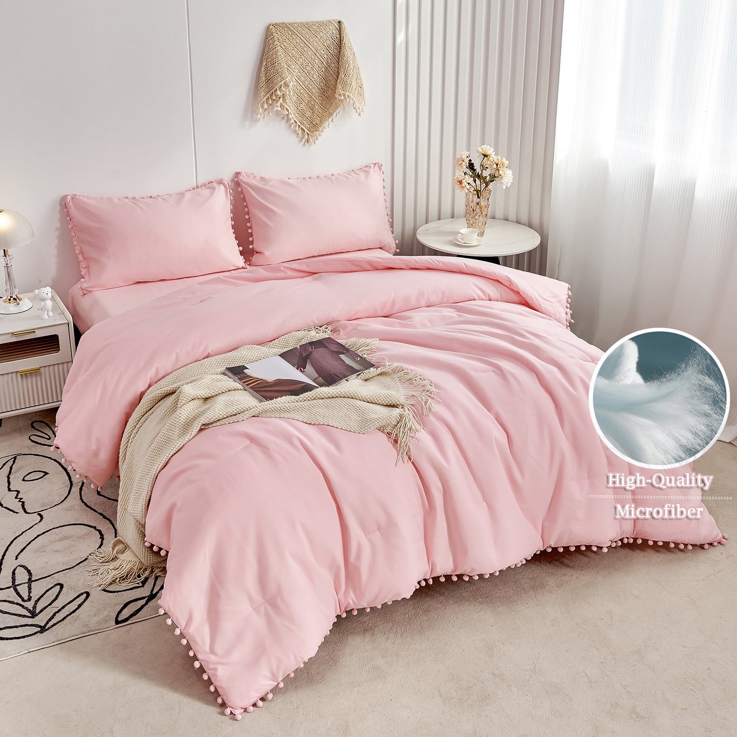 Vinmora™ RYNGHIPY Pink Full Size Comforter Set Pom Fringe - Premium Comforter Set by Vinmora™